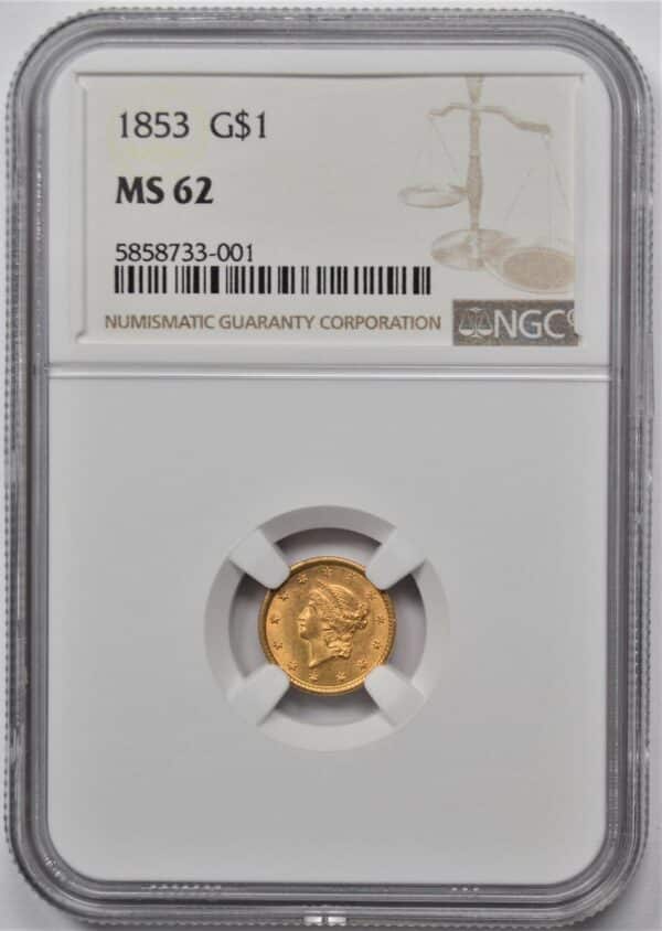 1853 LIBERTY HEAD GOLD DOLLAR G1 NGC MS 62 133772383617