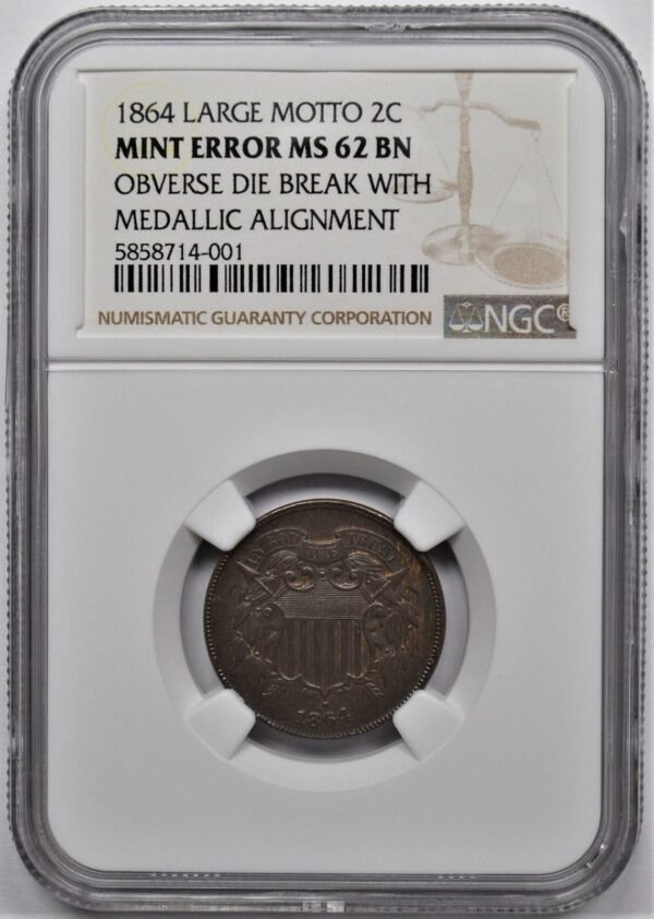 1864 LARGE MOTTO TWO CENT PIECE 2C MINT ERROR NGC MS 62 BN 373332989467