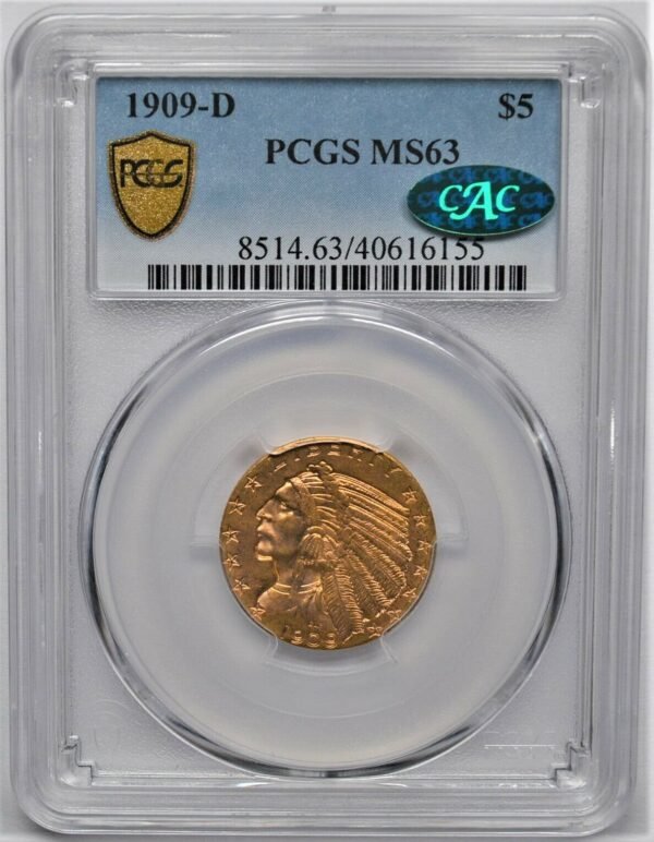 1909 D INDIAN HEAD GOLD 5 HALF EAGLE PCGS MS 63 CAC 373436783255