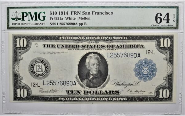 1914 10 FEDERAL RESERVE NOTE SAN FRANSISCO FR 951A PMG 64 CHOICE UNC EPQ 373429445042