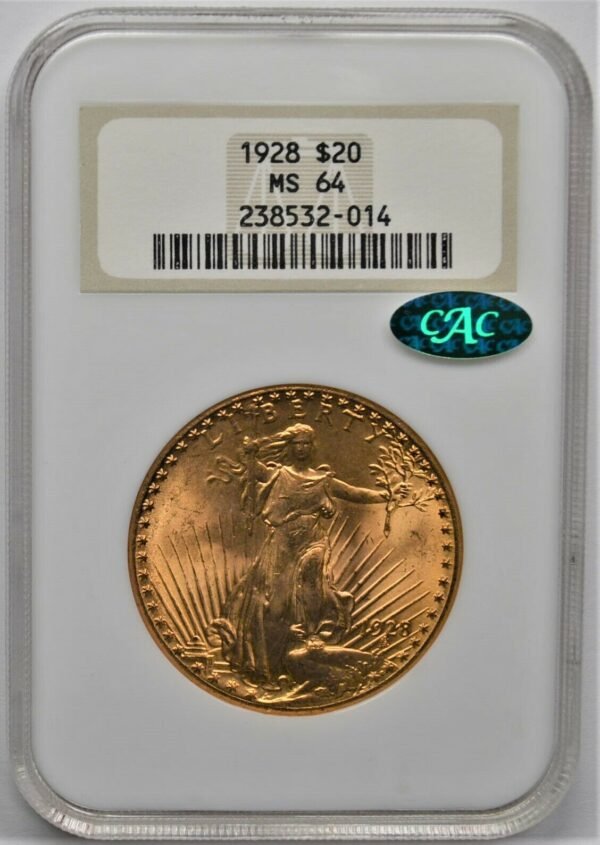 1928 ST GAUDENS 20 DOUBLE EAGLE NGC MS 64 CAC OLD FAT HOLDER 373436786437
