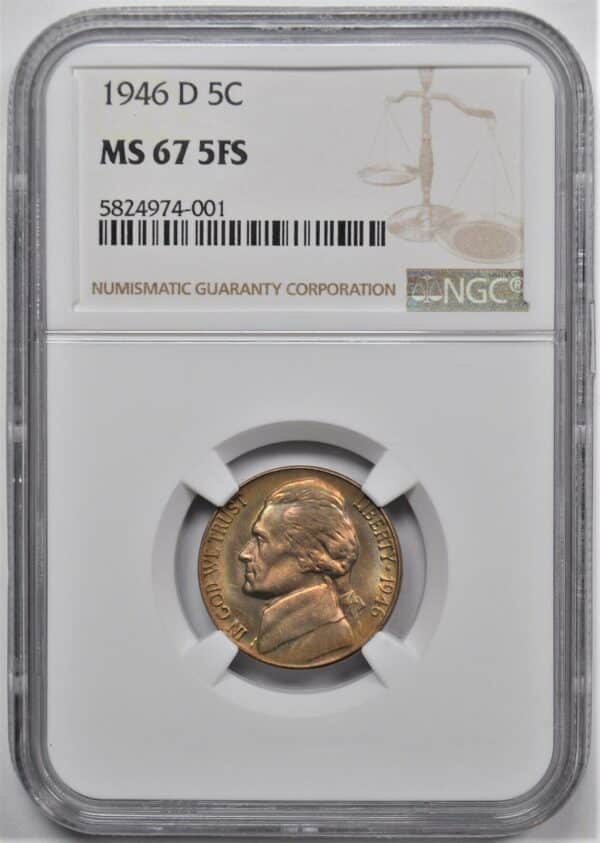 1946 D JEFFERSON NICKEL 5C NGC MS 67 5FS FULL STEPS BEAUTIFUL TONING