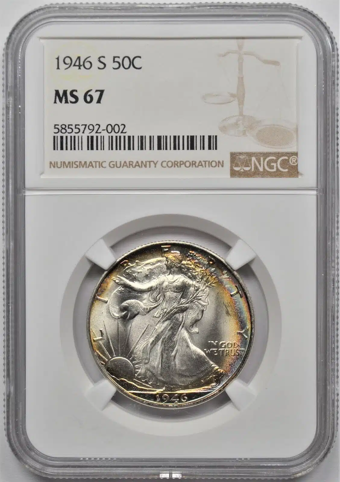 1946 S WALKING LIBERTY HALF DOLLAR 50C RAINBOW TONING NGC MS 67