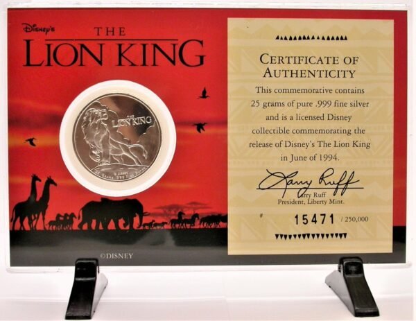 1994 LION KING 999 FINE SILVER COIN 25 GRAMS INSIDE SELF STANDING PLASTIC CASE 373313274612