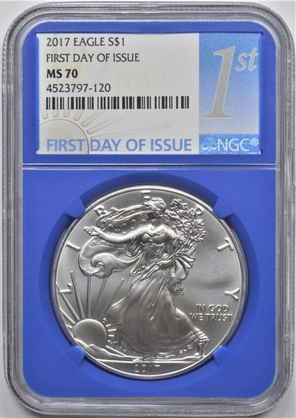 2017 1oz SILVER AMERICAN EAGLE DOLLAR 1 FIRST DAY OF ISSUE NGC MS 70 BLUE CORE 373372552644
